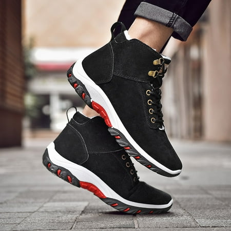 

HRSR Men Winter High Shoes Soft Leather Boots Warm Leather Shoes Outdoor Travel Cotton Sneakers(Black 40)