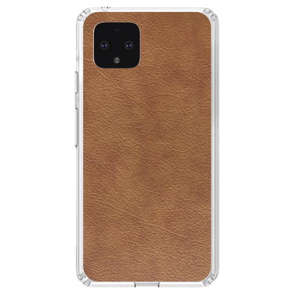 DistinctInk Clear Shockproof Hybrid Case for Google Pixel 4 (5.7" Screen) - TPU Bumper, Acrylic Back, Tempered Glass Screen Protector - Dark Brown Faux Leather Print Design - Printed Leather Image