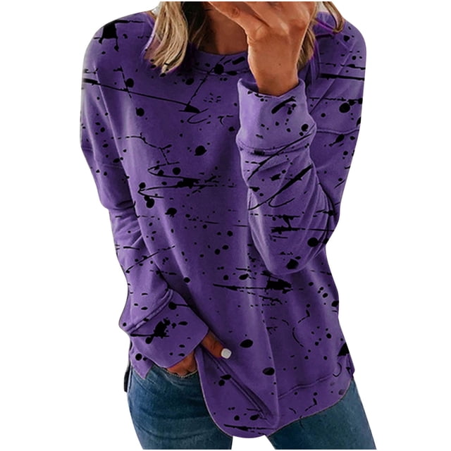 IROINID Liquidation Hauts Grande Taille pour Femmes Imprimé Manches Longues Confortable Respirant Col Rond Chemise Hauts, Violet