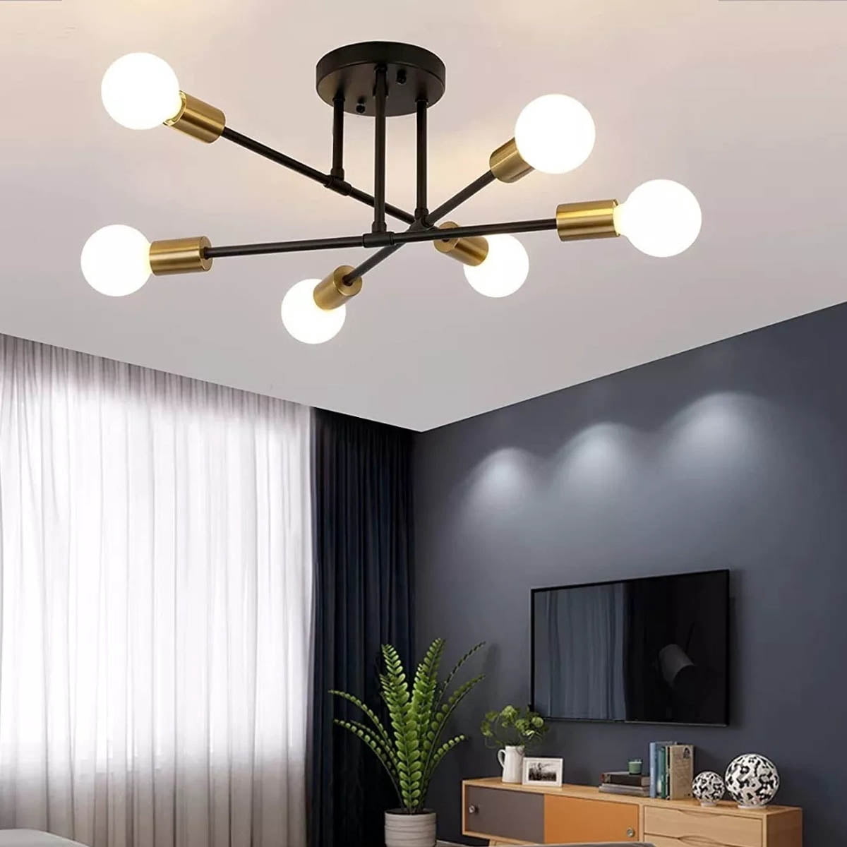 IFCOW 6-Lights Modern Mid Century Sputnik Chandelier, Semi Flush Mount Ceiling Light Fixture for Living Room Dining Room Kitchen Chandelier