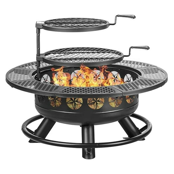 36 Inch with 2 Cooking Grills,Outdoor Wood Burning BBQ Firepit with Lid, 3-in-1 Outdoor for Backyard Deck Patio Picnic(Black)