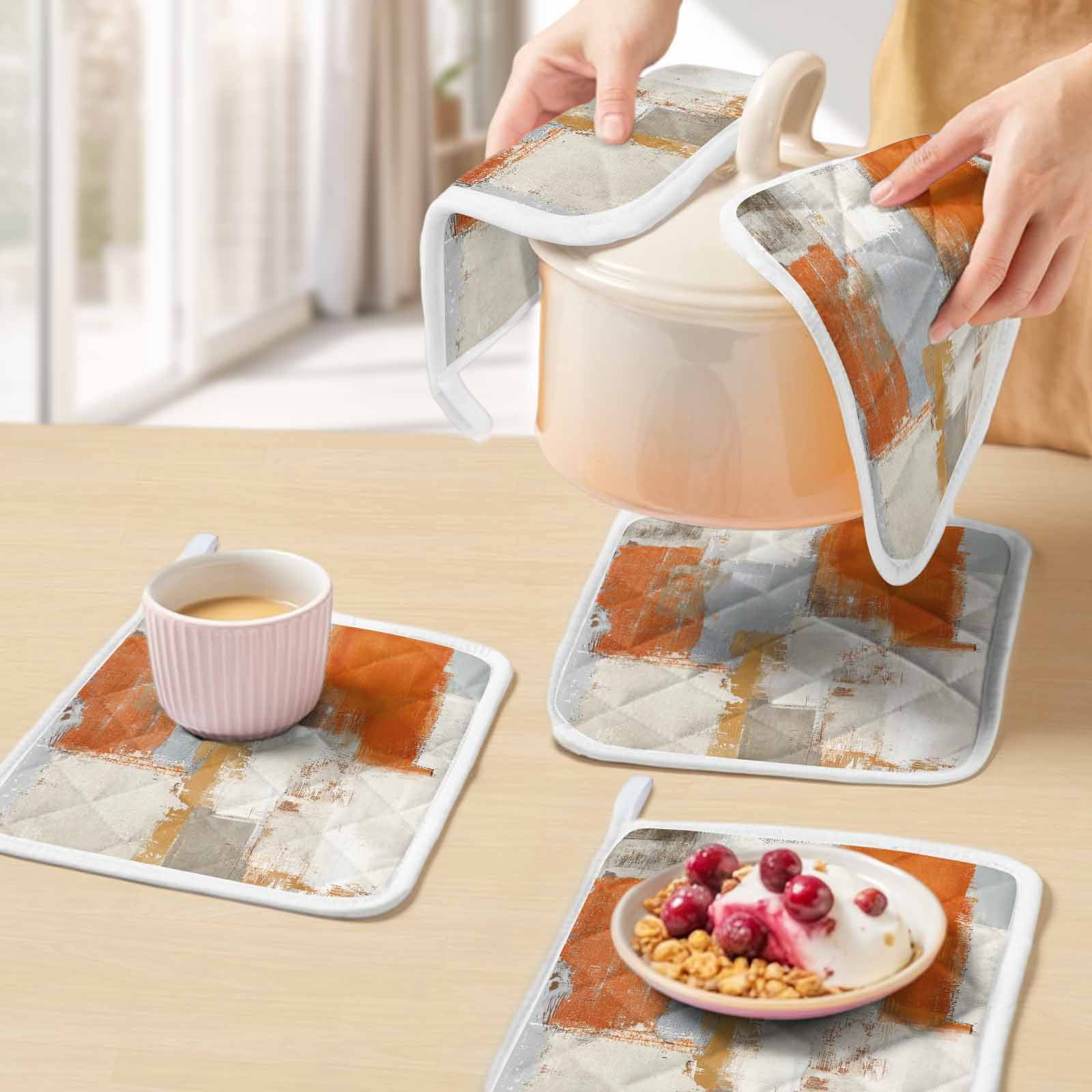 Burnt Orange Pot Holders for Kitchen Heatproof Potholder, 3 Pack Modern Geometric Grey Oil Painting Abstract Hot Pads Multipurpose Oven Pads Cloth Potholders Trivet for Cooking Baking