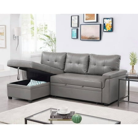 85 in. Convertible Sofa with Storage, Reversible L Shape Sofa Couch with Chaise, Comfy Couches for Living Room, Air Leather - Gray, Grey