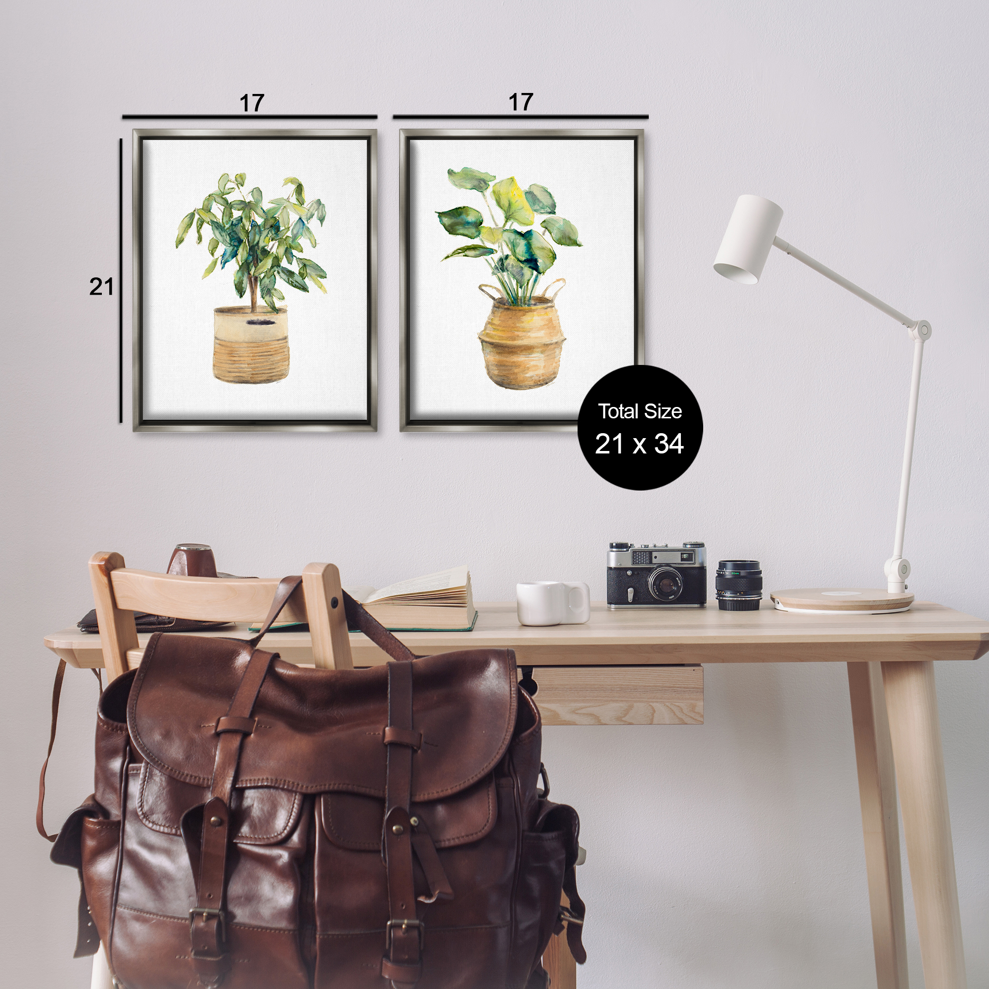 Stupell Industries Lush Houseplants in Wicker Pots Plants & Flowers Painting Gray Floater Framed Canvas Art Print Wall Art, 17 x 21, Set of 2