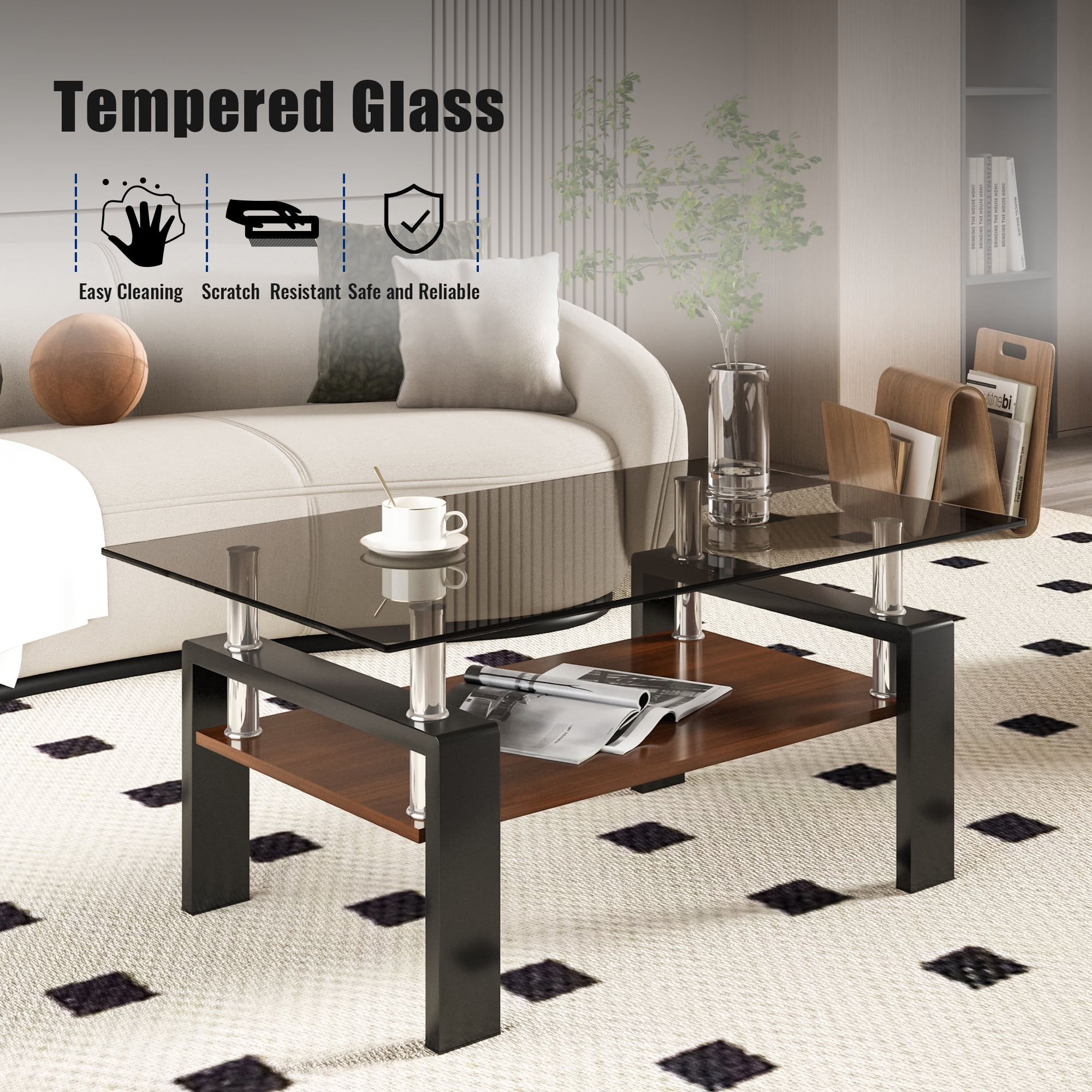 MAYEERTY Rectangle Coffee Table with Gray Tempered Glass & MDF Shelf