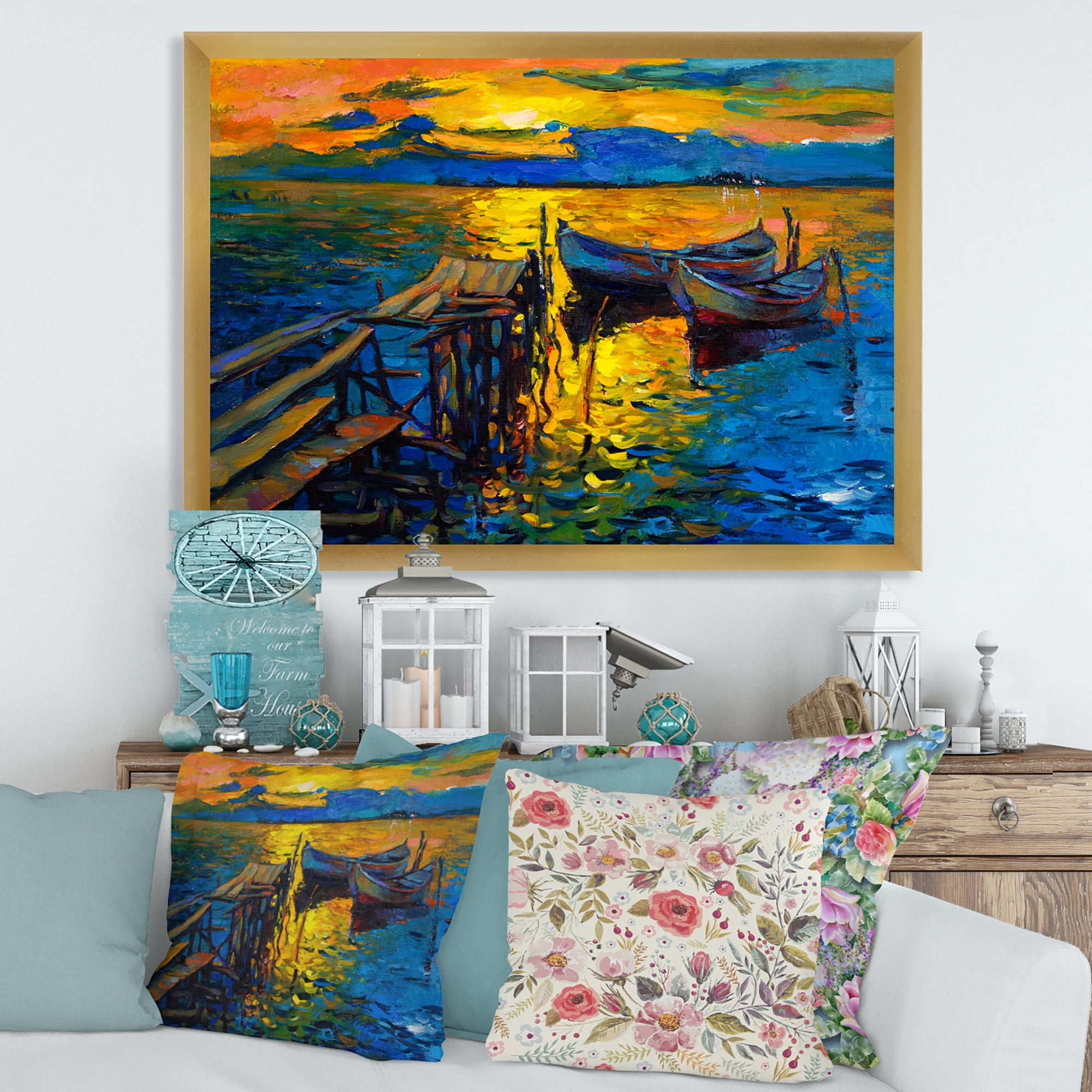 Boat At The Lake During Evening Glow II 40 in x 30 in Framed Painting Canvas Art Print, by Designart