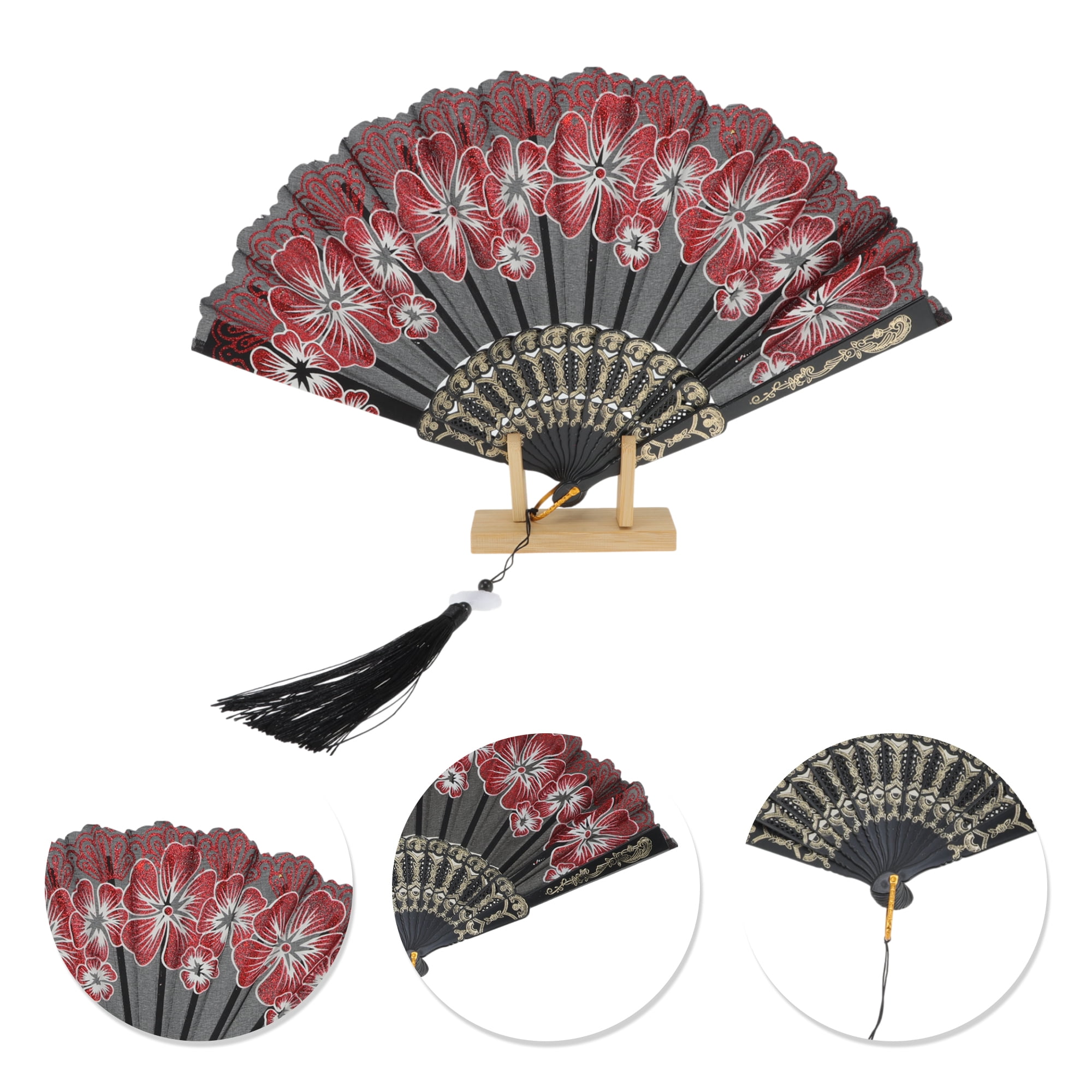 Unique Bargains Rose Lace with Tassel Folding Fan for Weddings and Parties 1 Pc Red