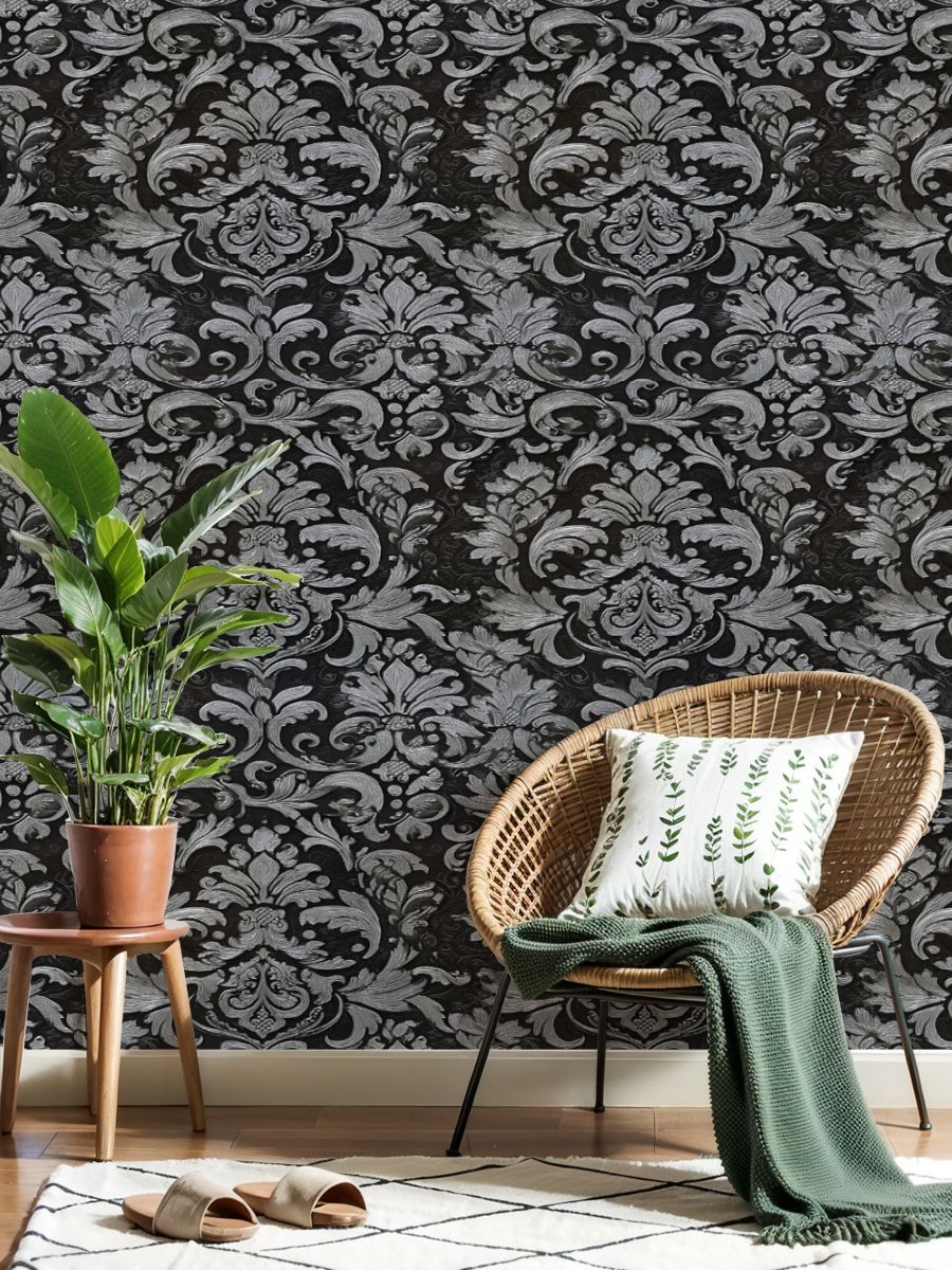 Vintage Peel and Stick Wallpaper 17.7in x 9.8ft Elegant Black Silver Damask Floral Embellishments Contact Paper Vinyl Waterproof Self Adhesive Wall Paper for Bedroom Shelf Cabinet