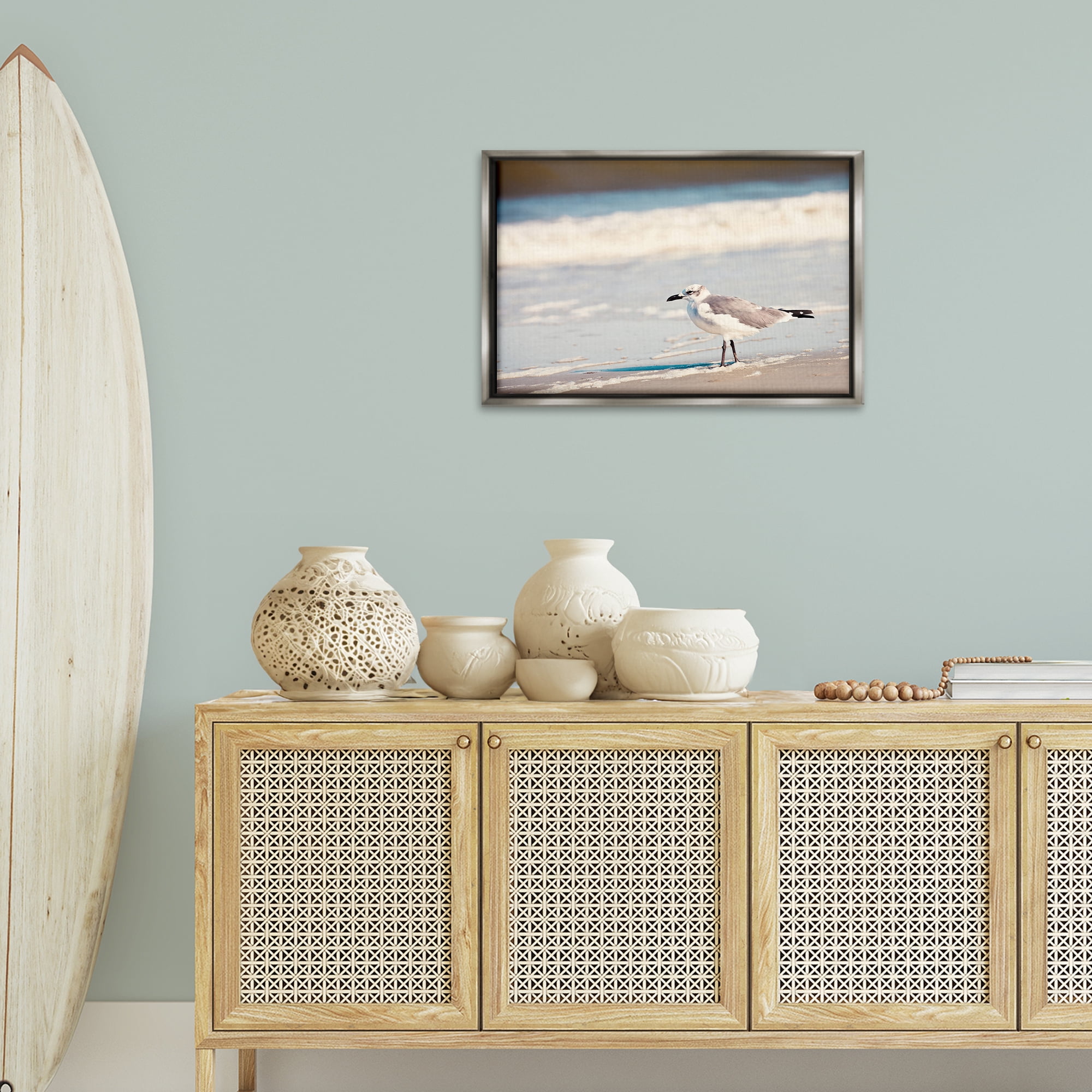 Stupell Industries Seagull Stepping on Shore Coastal Photography Gray Floater Framed Canvas Art Print Wall Art, 25 x 17
