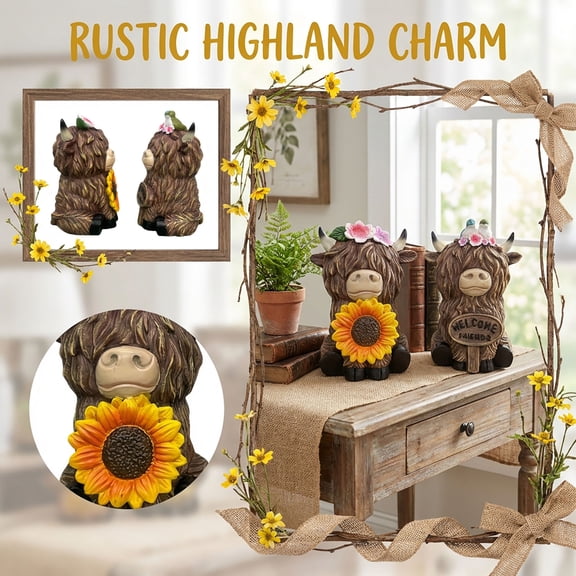2PCS Highland Cow Resin Figurine with Welcome Theme and Floral Accent, Farmhouse Tabletop Decor, Rustic Home Accent, 6.69 Inch