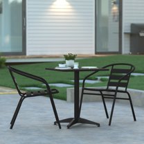 Emma   Oliver 27.5'' Black Square Aluminum Indoor-Outdoor Table Set with 2 Black Slat Back Chairs