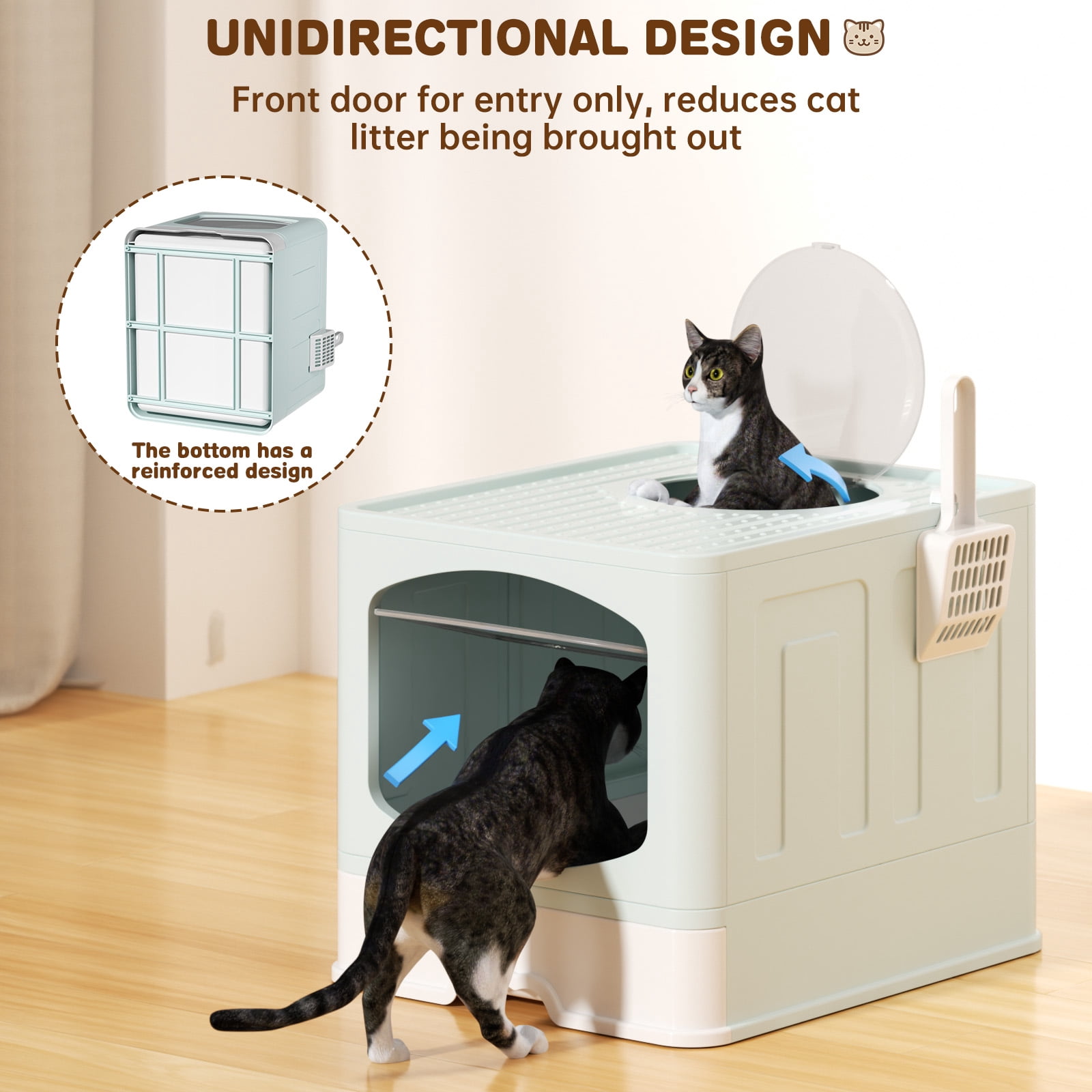 Cshidworld Large Foldable Cat Litter Box with Scoop, Front Entry Top Exit Cat Litter Pan with Lid, Enclosed Anti-Splashing Kitty Litter Box, Drawer Type Cat Litter Easy Cleaning and Scoop, Blue