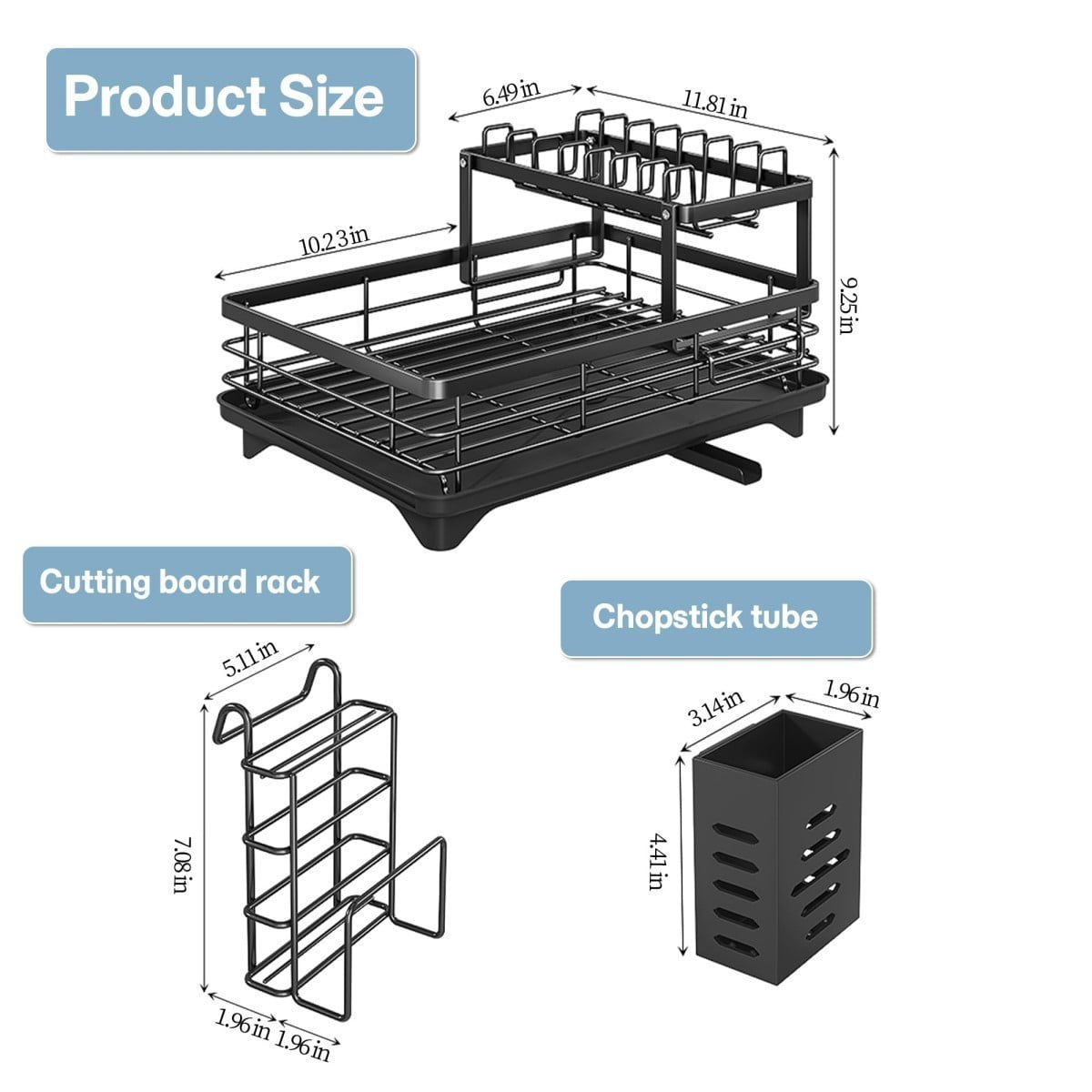 2-Tier Dish Drying Rack, Carbon Steel Dish Rack with Utensil Holder & Removable Drip Tray, Space Saving Kitchen Counter Organizer