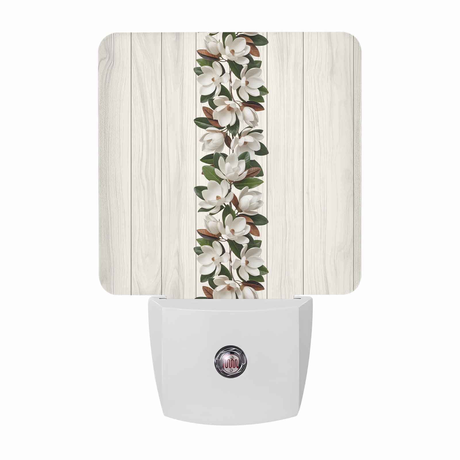 Retro Magnolia Night Lights, Flower Leaf Classic Beige Wood Grain Texture Smart Auto Dusk to Dawn Sensor Nightlights Plug-in Nightlight for Bedroom Bathroom Living Room Kitchen Hallway