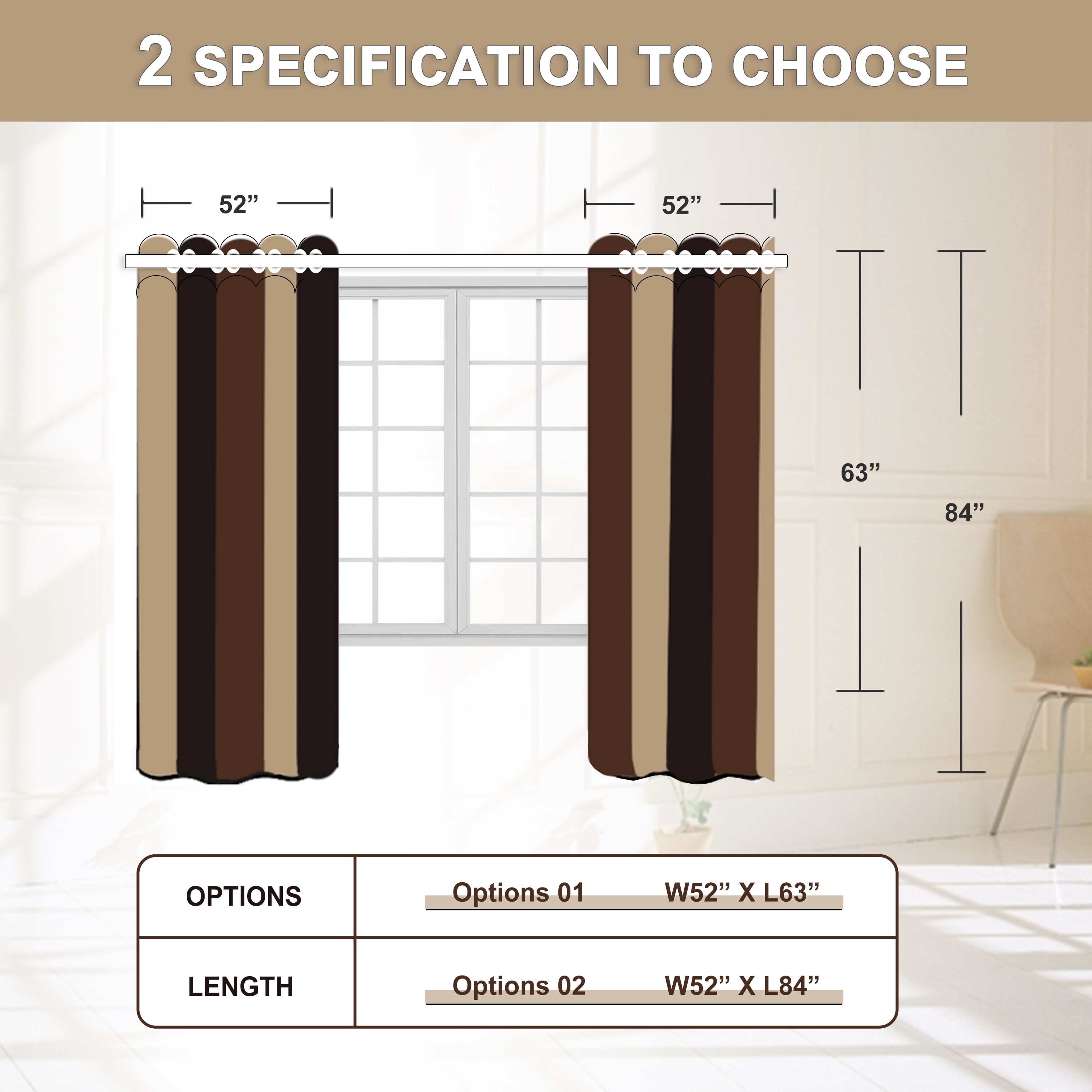 YIYITOOLS Vertical Striped Buttonhole Curtain Sets, Brown Blackout Curtains for Bedroom (2 Panels, W52" x L63")