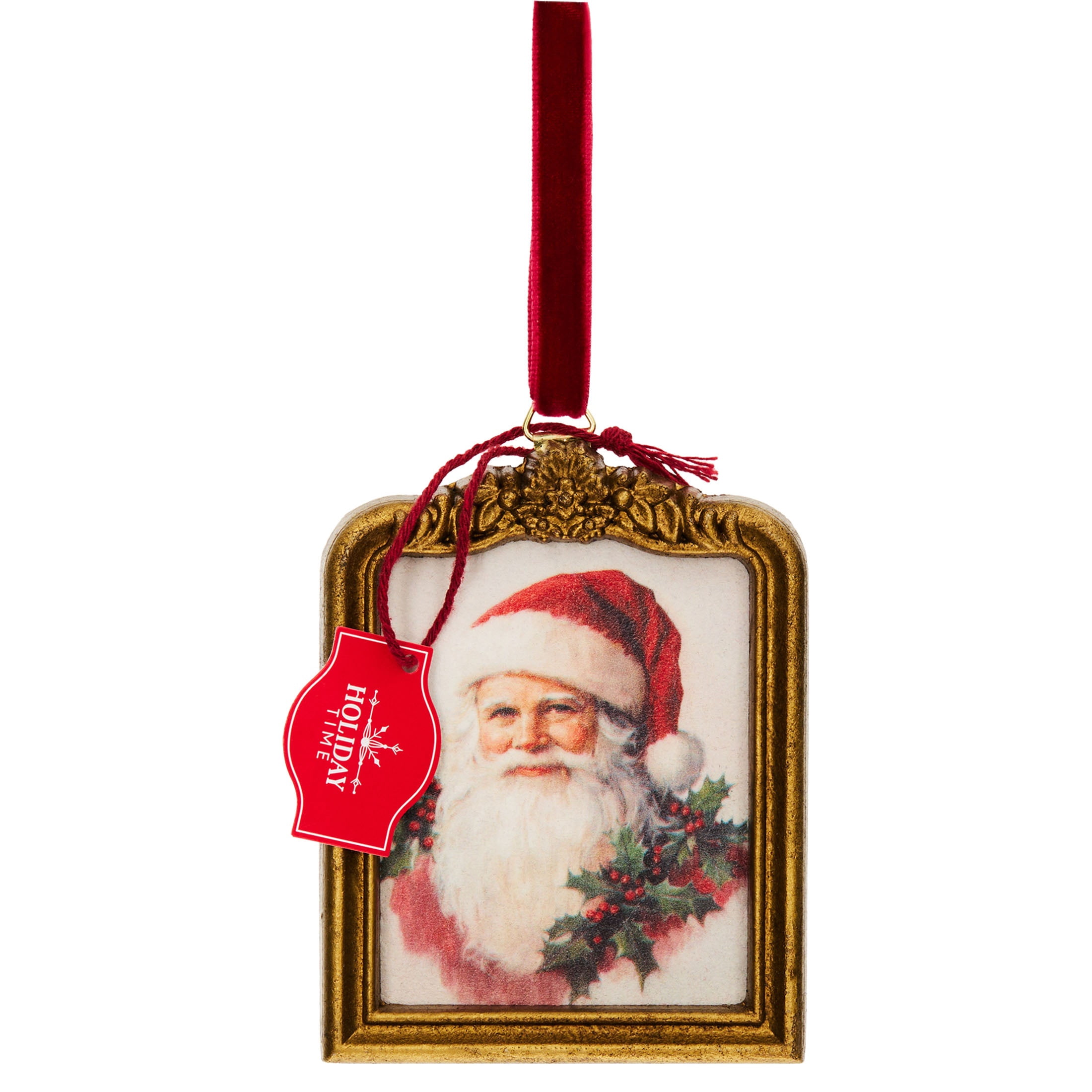 Multicolor Santa with Holly Paper Print in Frame Christmas Ornament, 4", by Holiday Time