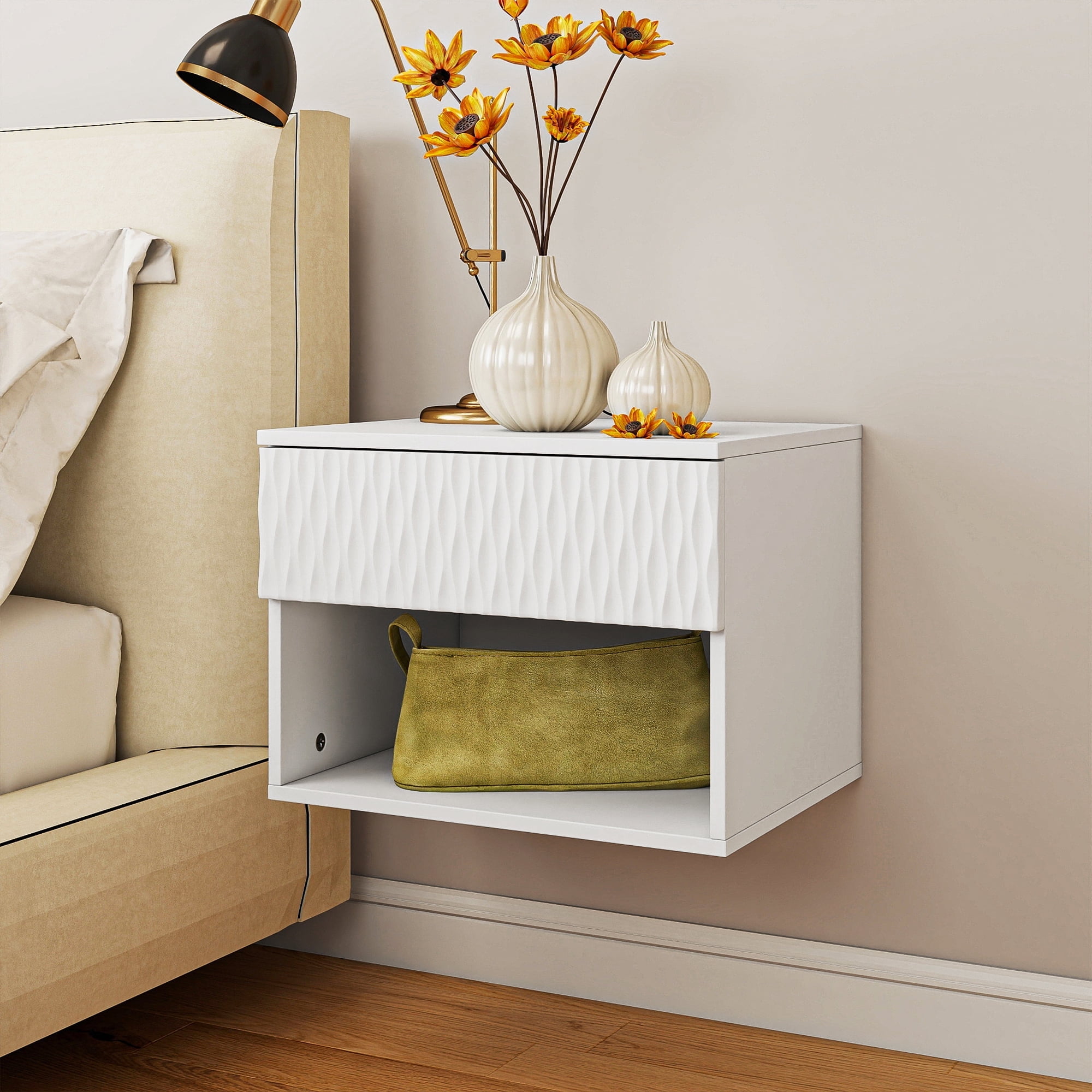 Kadyn Wall-Mounted Nightstand Set of 2, Modern Bedside Table with Drawer & Carved Design, Floating Night Stand with Storage Shelf for Living Room, Bedroom, White