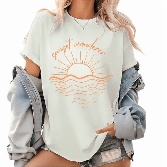 Trendy Beachy Sunset Graphic T Shirt Cute Summer Design Tees Short Sleeve Cotton Classy Cotton Graphic Loose Tops White Vacation,2XL