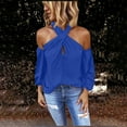 thumbnail image 2 of XFLWAM Women's Fall Fashion Blouse Off Shoulder Long Sleeve Tops Cross Halter Neck Cold Shoulder T Shirt Blue M, 2 of 6