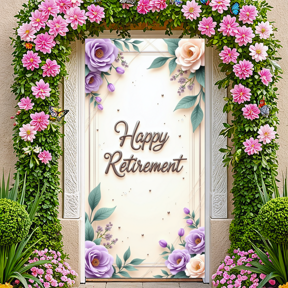 Floral Decoration Happy Retirement Banner Flower Theme Decorative Design for Retirement Party Event Celebration Indoor Decoration