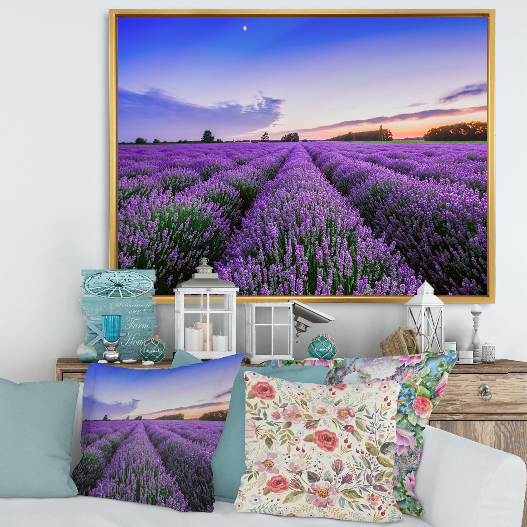Designart 'Dramatic Clouds and Sunrise Over Lavender Field II' Farmhouse Framed Canvas Wall Art Print
