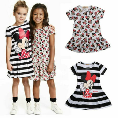 Infants Baby Girls Cartoon Summer Minnie Mouse Striped Short Sleeve Dress Outits