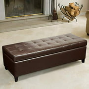 Homebeez Faux Leather Storage Ottoman Bench Tufted Rectangular Footstool with Wood Legs (Brown)