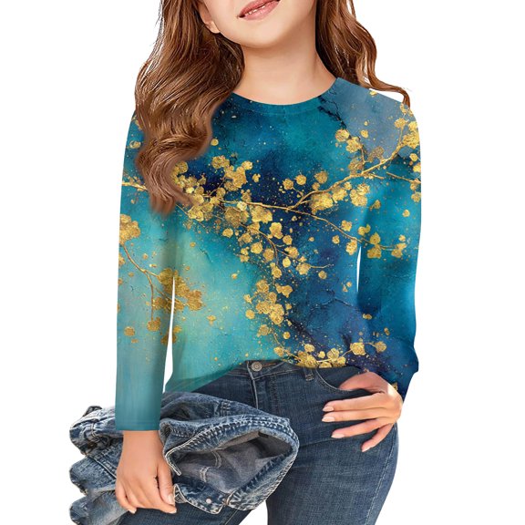 Abcomgle Girls Long Sleeve Shirts 7-8 Trendy Vintage Floral Print Crewneck T Shirts for Girls Winter Basic Girls Tops Cotton Blouses for Girls,4-5Years,Royal Blue