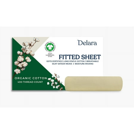 Delara GOTS Certified 100% Organic Cotton Full Fitted Sheet Only 54x75 in, 400TC Long Staple Cotton, Ultra Soft Smooth & Breathable Moisture-Wicking Sheets, 360 Degree Elastic 17” Deep Pocket