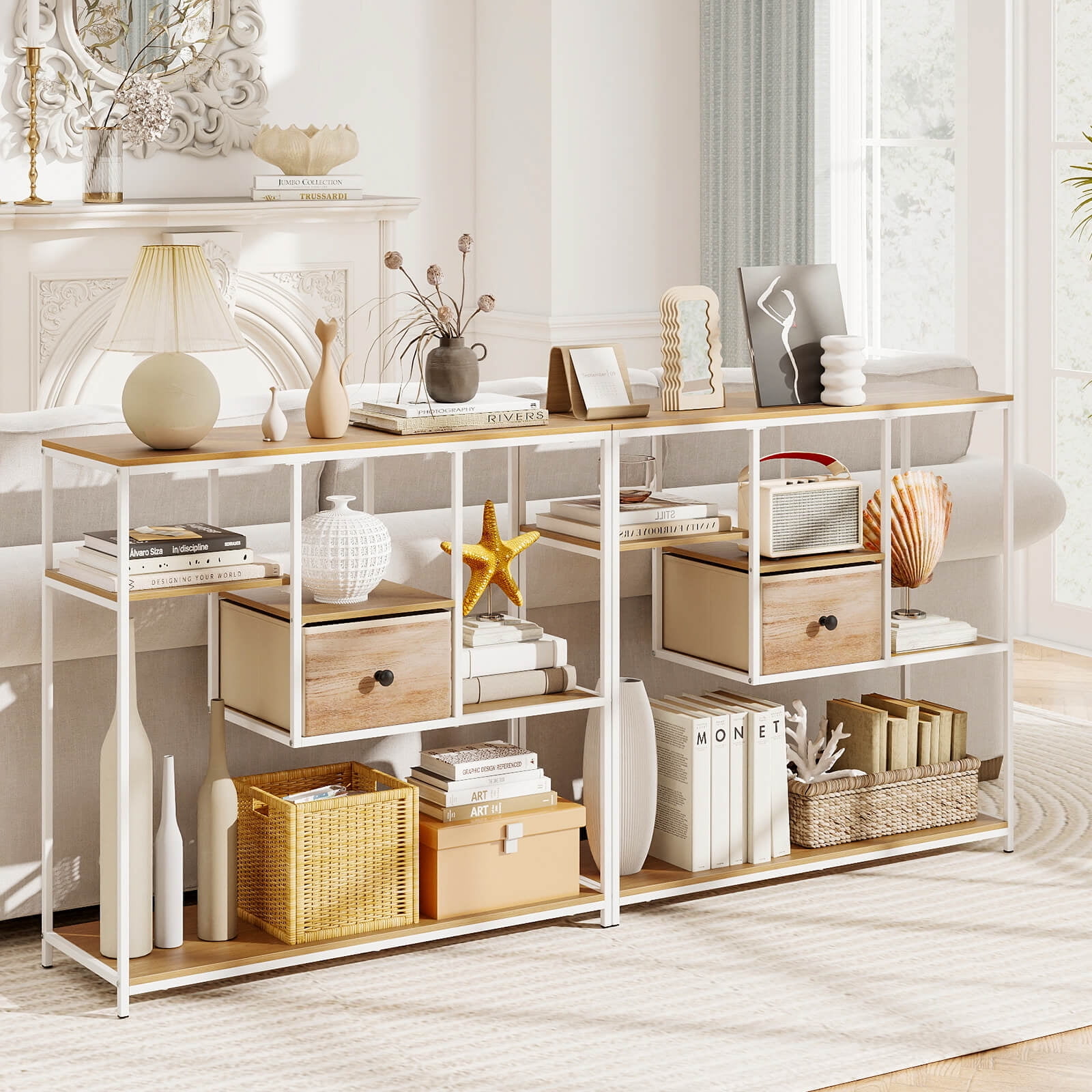 Costway 40” Console Table with Storage Drawer 4-Tier Display Shelf for Living Room Hallway Natural and White