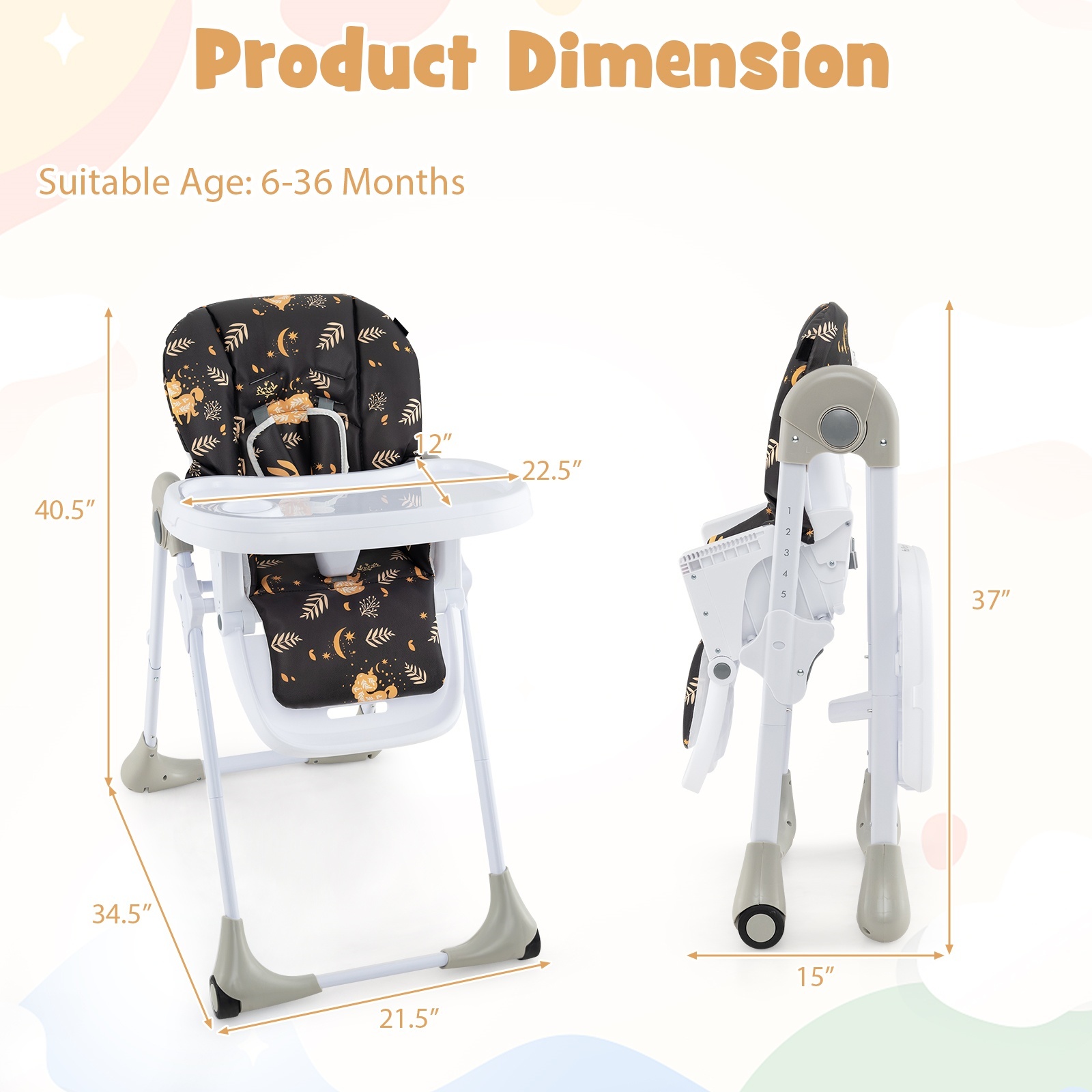 Infans Baby High Chair with 7 Height & 3 Footrest Adjustable Cup holder 2 Wheels