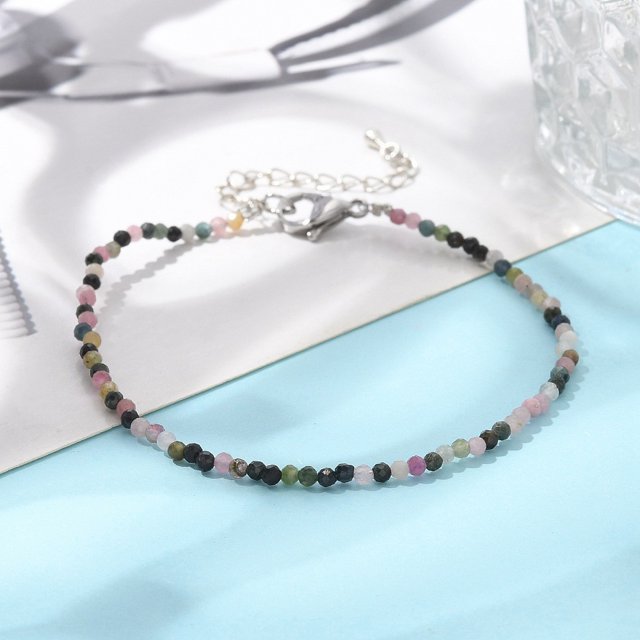Natural Tourmaline Bead Bracelets with 304 Stainless Steel Lobster Claw Clasps and Brass Extender Chains Faceted 7-1/4 inch(18.5cm)