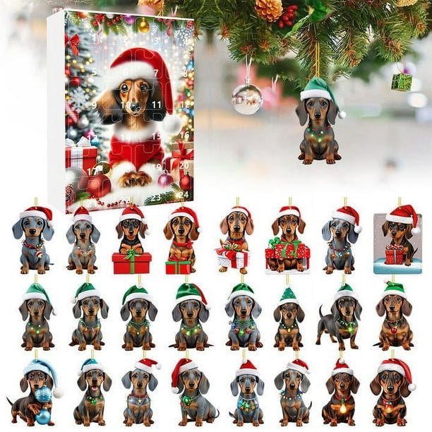 Fiudx Calendario de Cuenta Regresiva para Navidad 2024, Colgante de Perro Salchicha con Gorro de Papá Noel, Cuenta Regresiva Interactiva de Adviento de 24 Días, Decoración Festiva para Árbol de Navid