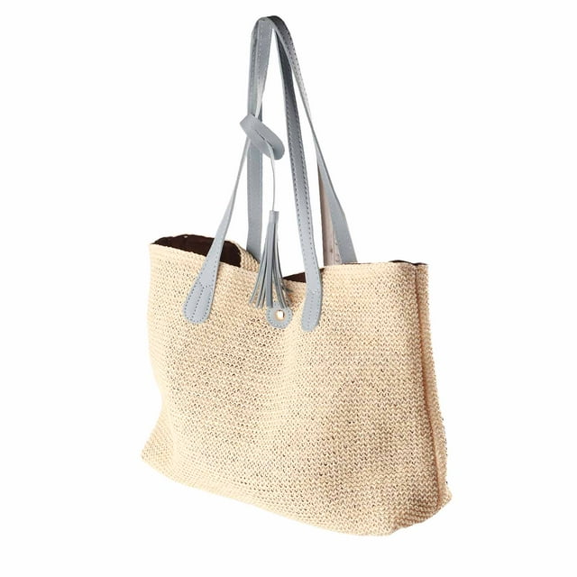 Bolso grande de paja de PU para playa y más, bolso de hombro ajustable con detalle de borlas, estilo veraniego