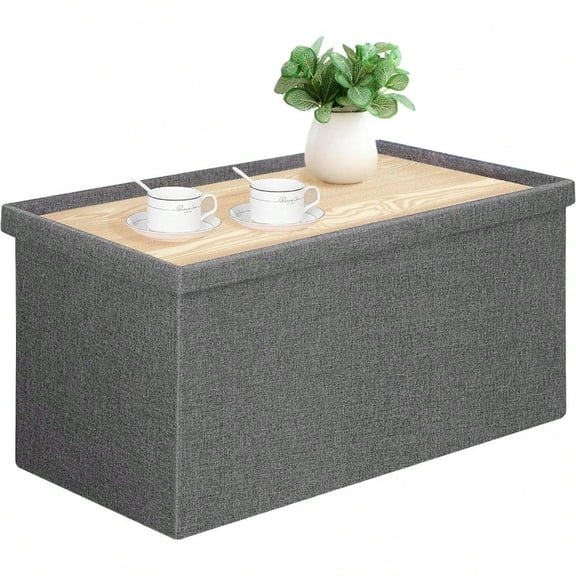 Folding Storage Ottoman Bench with Lid Tray 30 inches Ottoman Coffee Table Grey Cube Chair Foot Rest Stool Storage Chest for Living Room Bedroom Holds up to 550 lb
