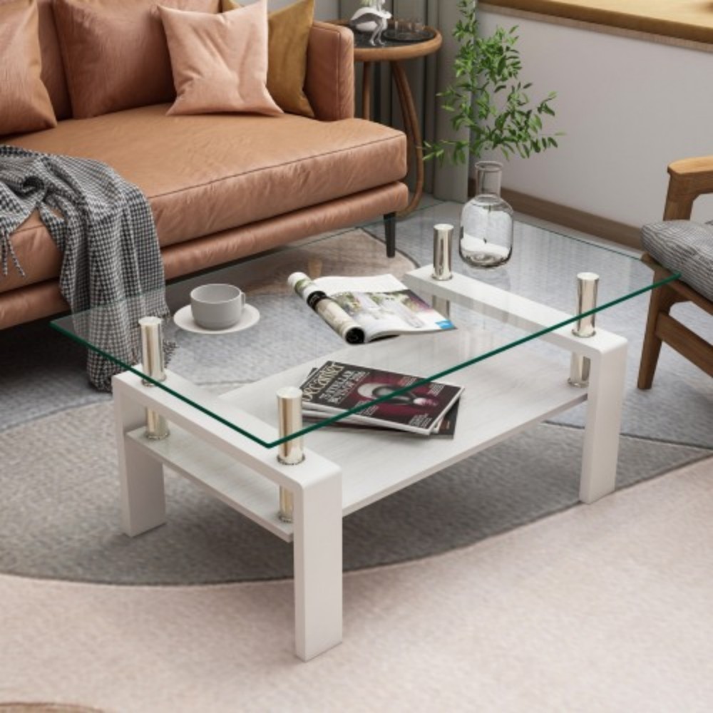 Rectangle Coffee Table, 39.2" Tempered Glass Tabletop with White MDF Storage Shelf and Iron Legs, Modern Clear Glass Center Table for Living Room, 220 lbs
