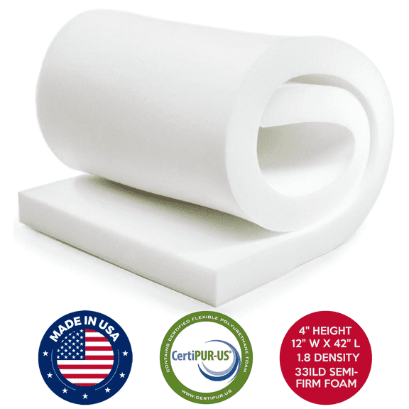 QOMFY 4" Height x 12" Width x 42" Length 1.8 Density 33ILD Semi-Firm Upholstery Foam Cushion Made in USA - Perfect for Chairs, Sofas, Headboards, Packaging, Crafts and DIY Projects.