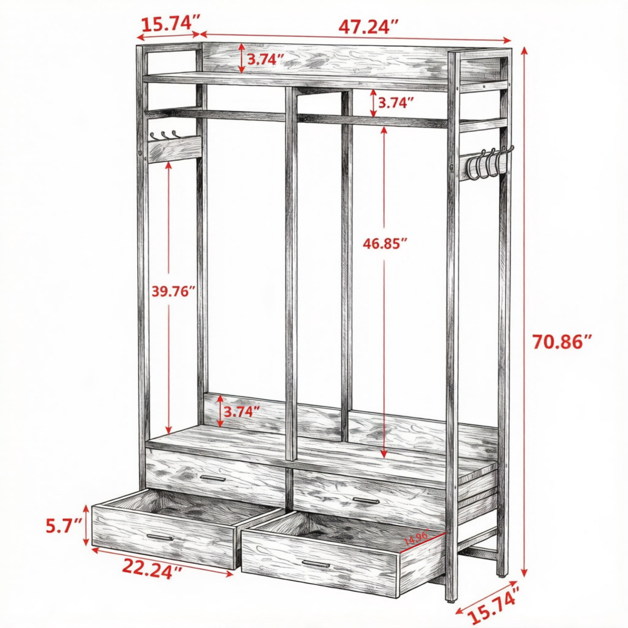Coat Rack with Shelves, 4 Drawers, and 8 Hooks, 72.83 in