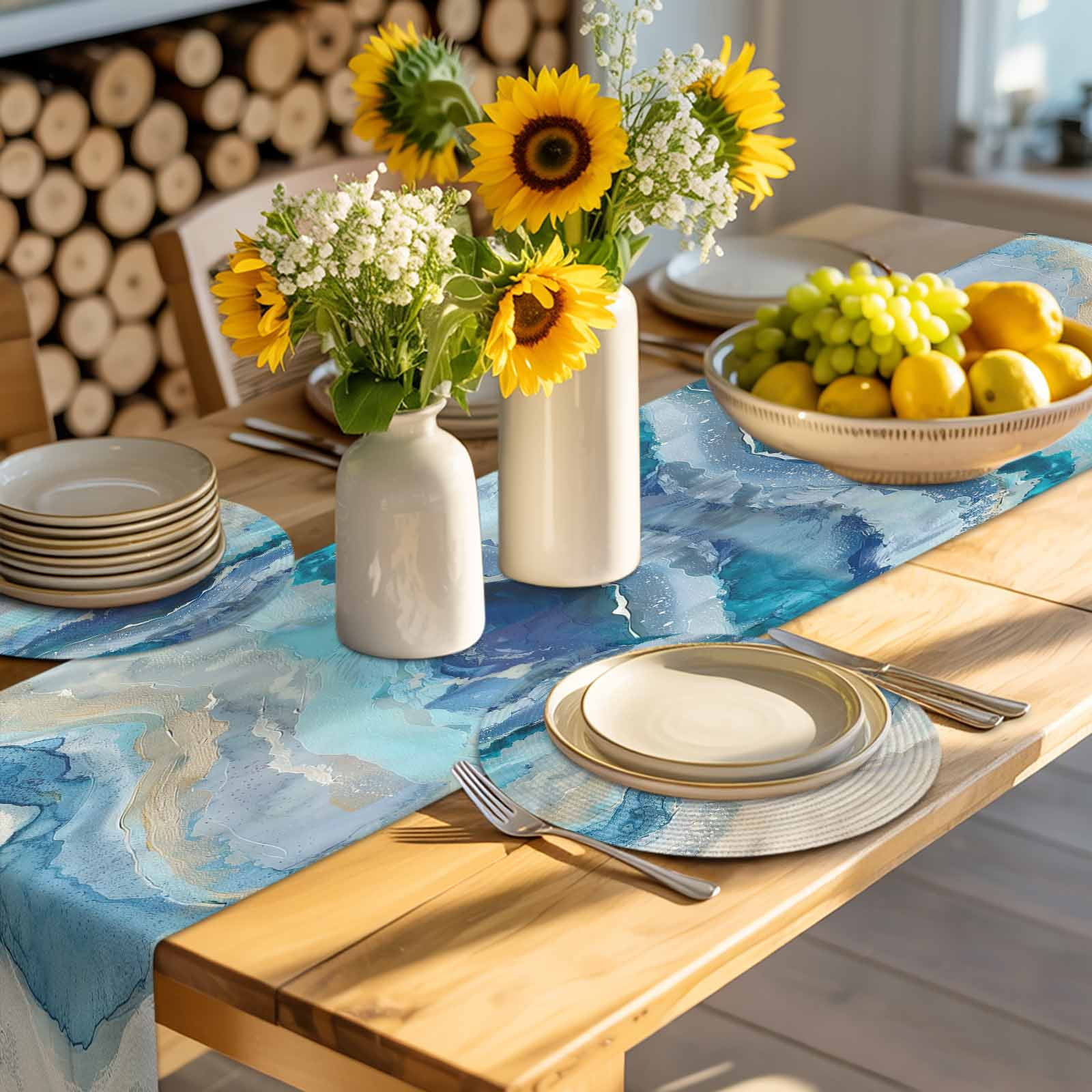 Round Woven Placemats set of 4, Blue Coastal Beach Washable&Heat Resistant Plastic Wipeable Placemats for Round Table Abstract Watercolor Oceans Waves Kitchen Dining Table Decor, 13in,
