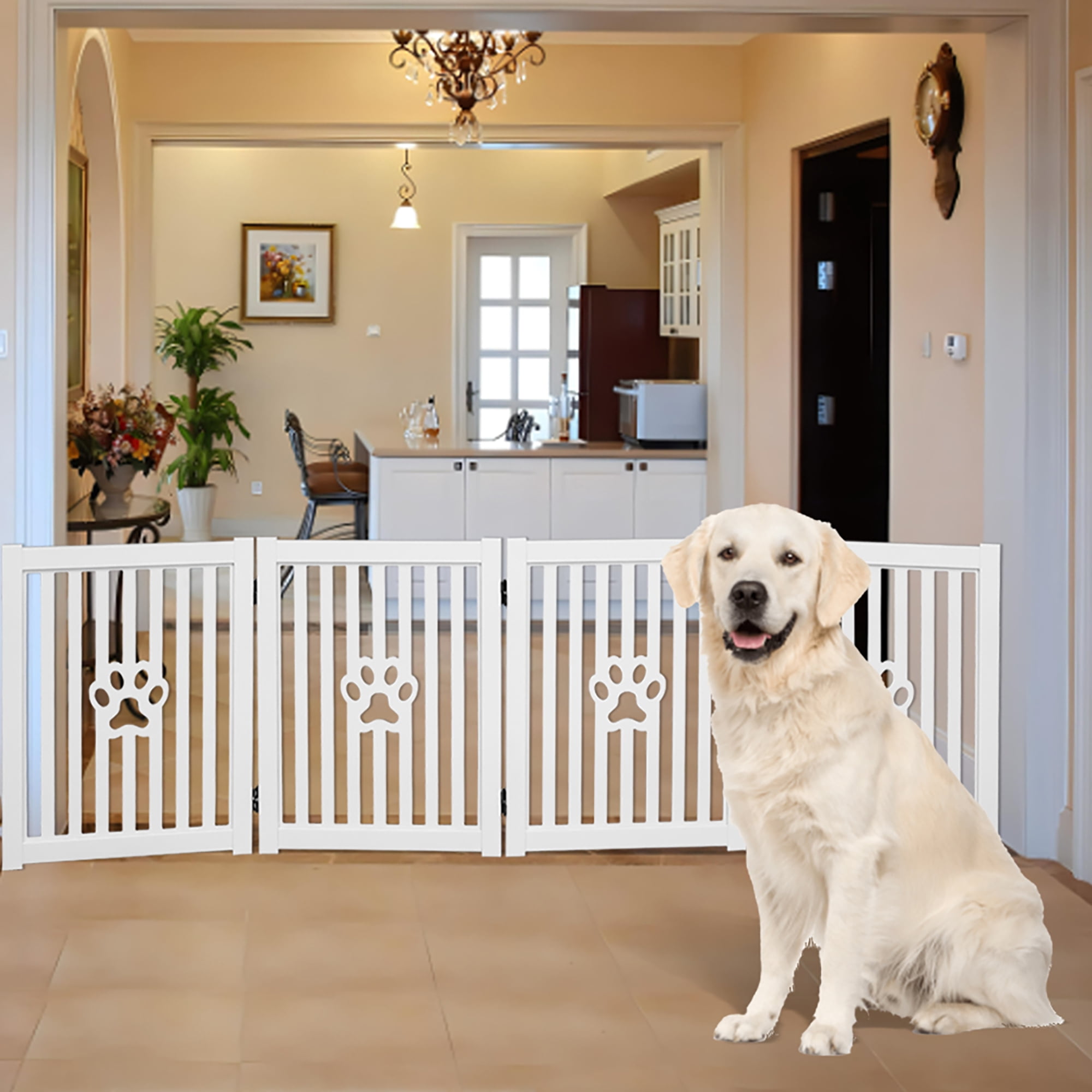 Trimate: 4 Panel Dog Gate - White - Foldable Wooden Freestanding Pet Gate, 80"L x 23.6"H, For Doorways, Halls & Stairs, 360 Degree Rotated Hinges
