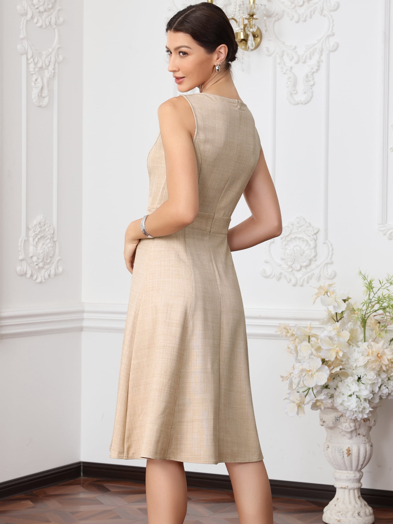 DARING DIVA Women's Elegant Work Dress Sleeveless Boat Neck A Line Midi Dresses M Beige