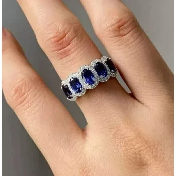 14K White Gold Plated 3Ct Oval Cut Simulated Blue Sapphire Diamond Halo Women's Wedding Band Ring 925 Sterling Silver