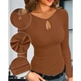thumbnail image 4 of Ladybranch Womens Long Sleeve Shirts Tops Blouses Fall Fashion Base Tee Cutout Neck Drop Shape Slim Brown, 4 of 8