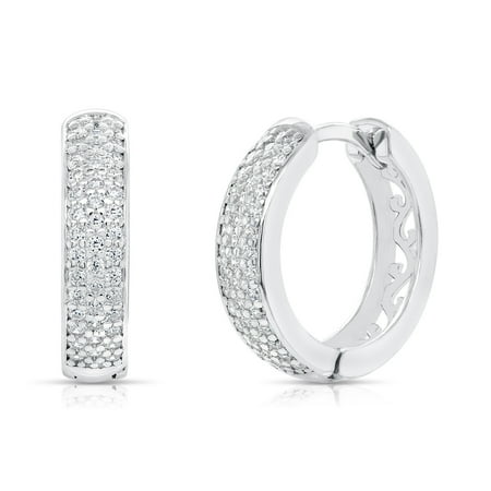 Tilo Jewelry Solid 925 Sterling Silver Round Pave Huggie Hoop Earrings with Cubic Zirconia CZ Stones | 17mm Small | Dainty Everyday Earrings for Women & Unisex