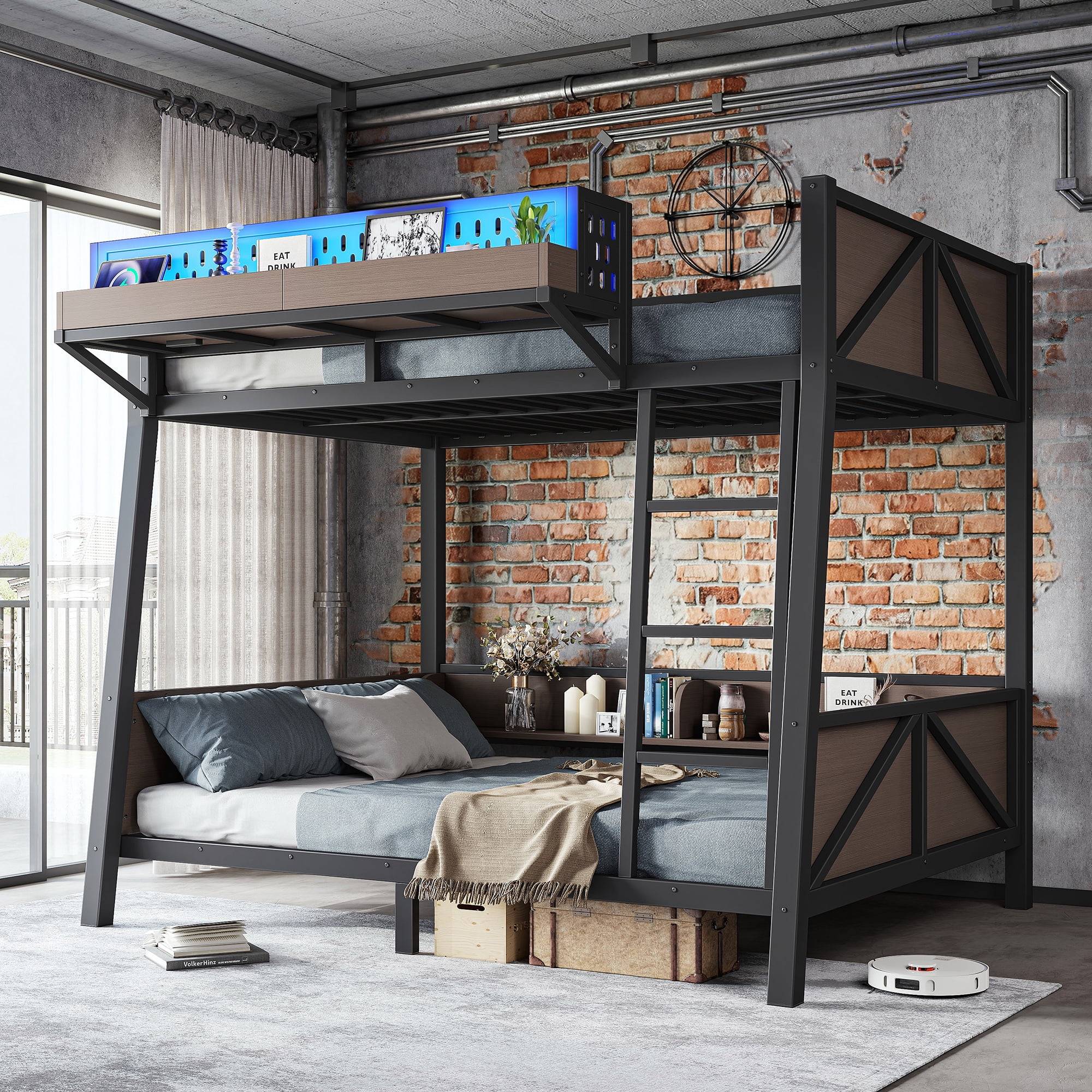 HOQBN Bunk Bed Twin Size with Storage Shelves,Metal Bunk Bed Frame with LED Light and USB Ports,Black
