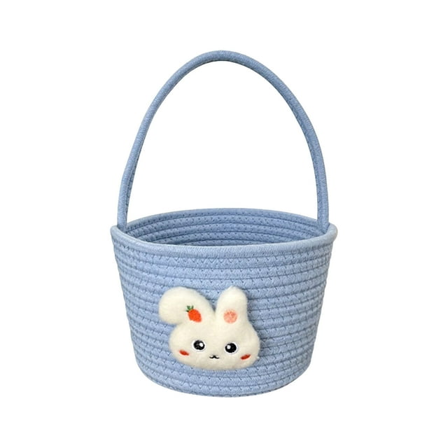 yulier Easter Basket, Woven Cotton Rope Storage Basket with Cute Bunny, Easter Rabbit Basket with Handle for Easter Decorations Egg Storage, Easter Gift Basket for Kids Boys Girls