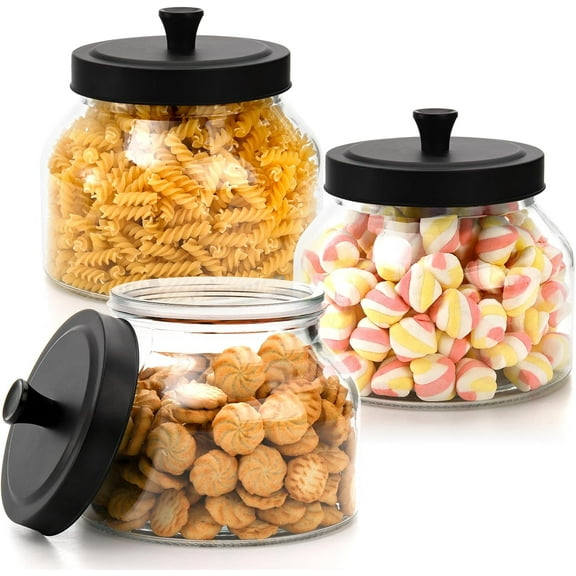 3 Pack Glass Jars with Metal Lid, 58 OZ Clear Round Cookie Candy Jar, Food Storage Container with Black Lid, Empty Canister Set for Kitchen Counter, Pasta, Dog Treat, Snack