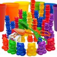 thumbnail image 1 of Skoolzy Juego de 69 piezas de osos apilables arcoíris con vasos clasificadores a juego, 60 contadores de osos, pinzas de tijera, vasos arcoíris, bolsa de almacenamiento, juego de clasificación de dado, 1 of 5