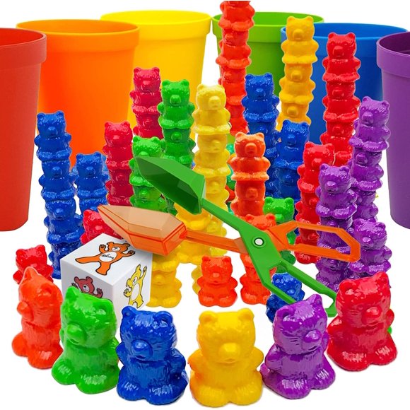 Skoolzy Juego de 69 piezas de osos apilables arcoíris con vasos clasificadores a juego, 60 contadores de osos, pinzas de tijera, vasos arcoíris, bolsa de almacenamiento, juego de clasificación de dado