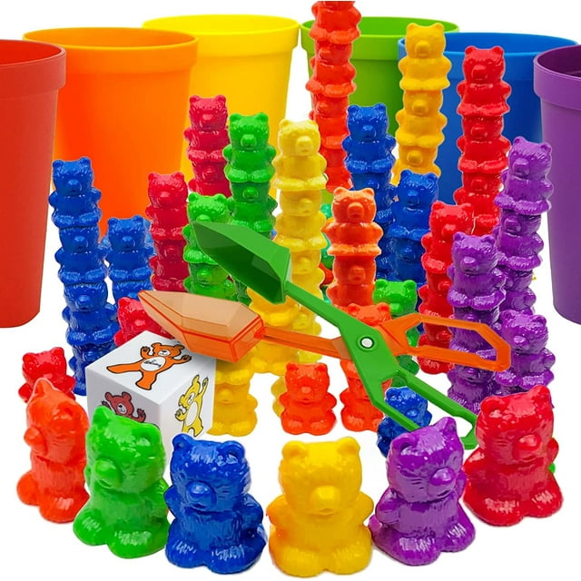 Skoolzy Juego de 69 piezas de osos apilables arcoíris con vasos clasificadores a juego, 60 contadores de osos, pinzas de tijera, vasos arcoíris, bolsa de almacenamiento, juego de clasificación de dado